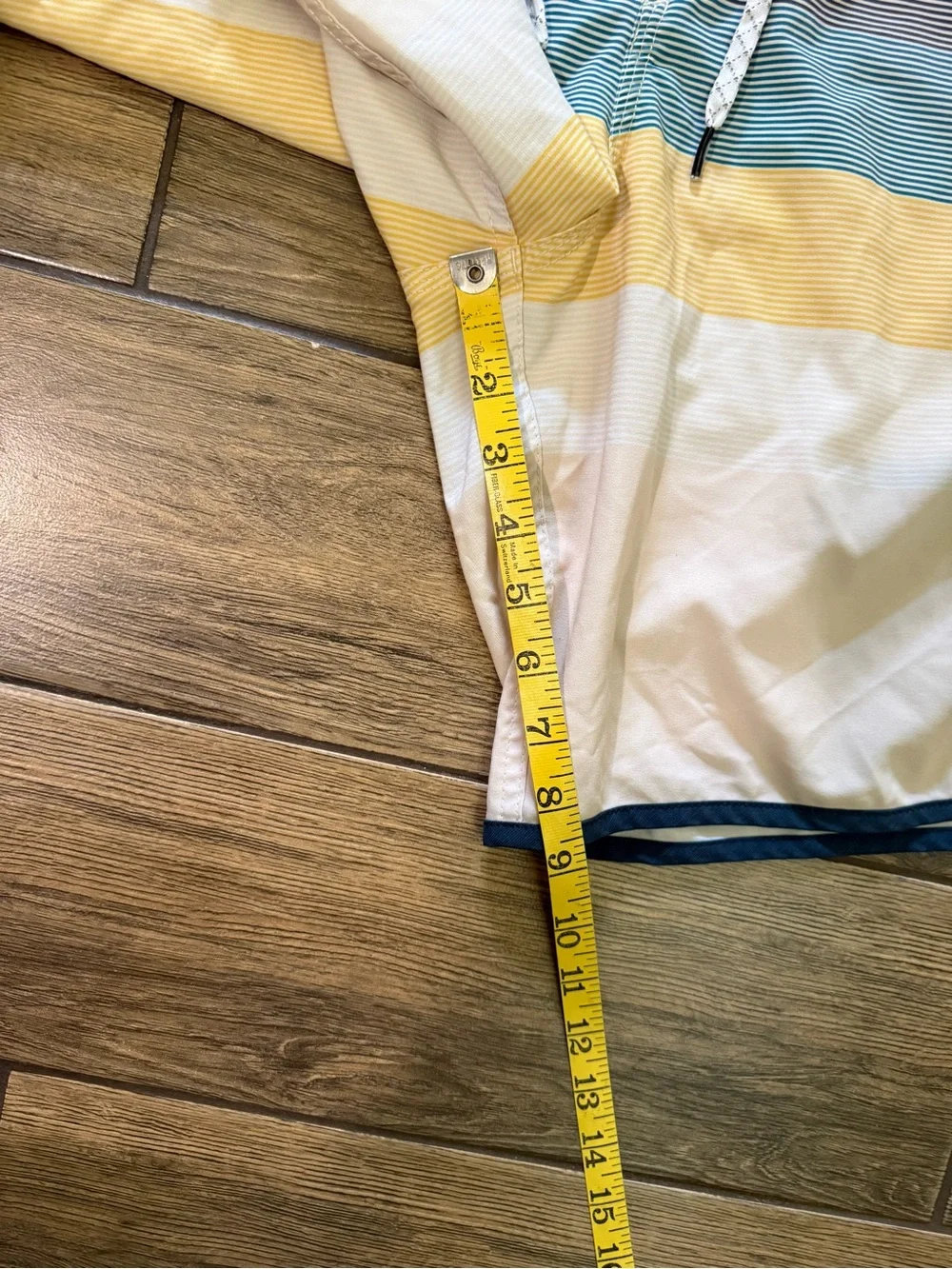Quiksilver Men’s White Swim Shorts with Blue, Gray & Yellow Stripes